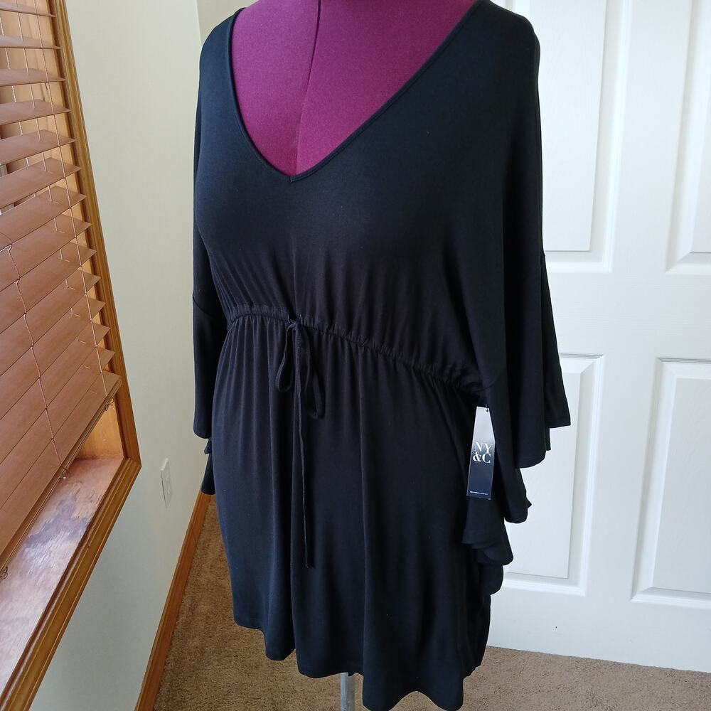 NY&C Black Mini T-shirt Dress M flutter dolman sleeve waist tie V-neck jersey